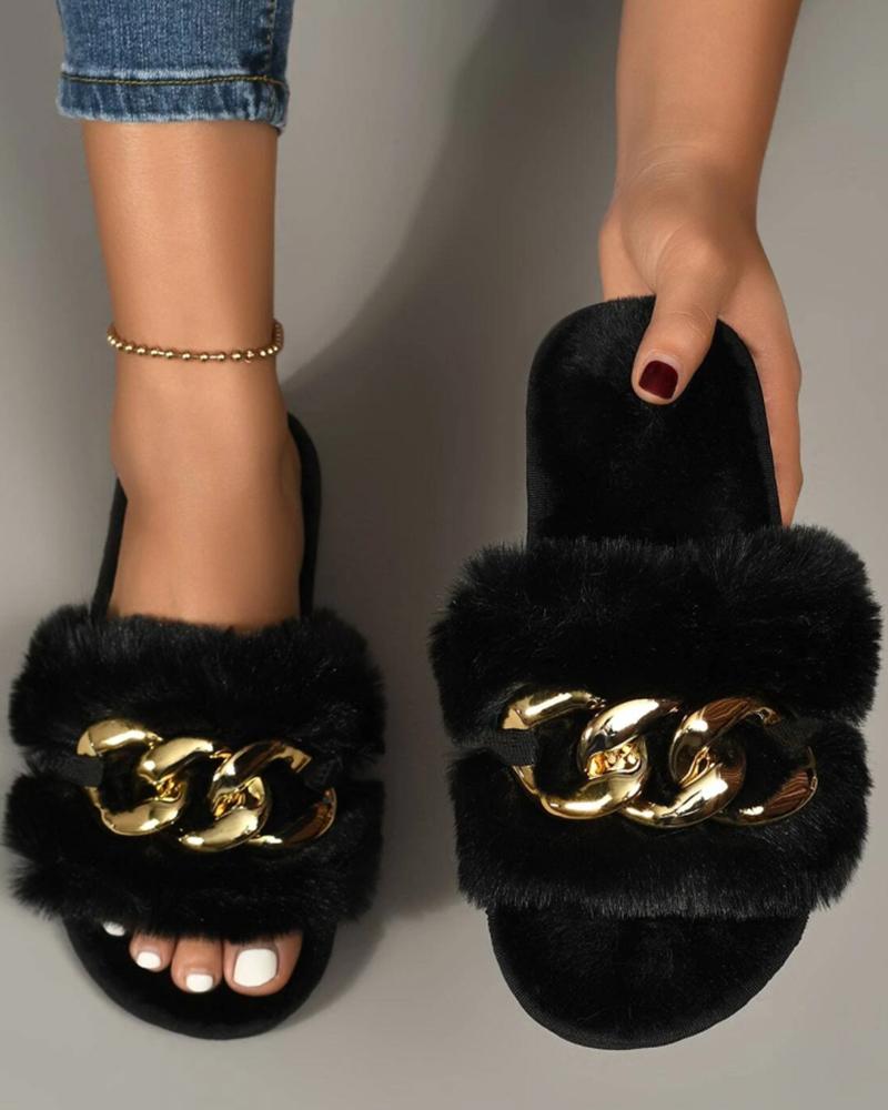 

Fuzzy Chain Decor Slippers, Black