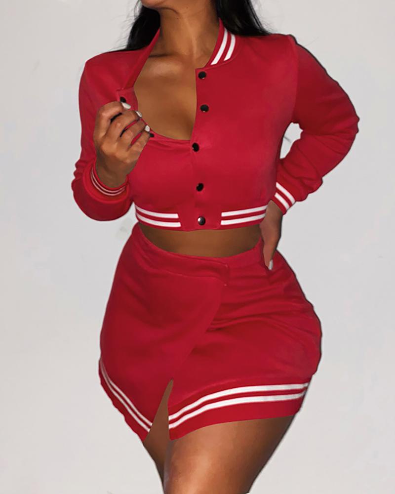 

Buttoned Striped Baseball Jacket & Slit Skirt Set, Red