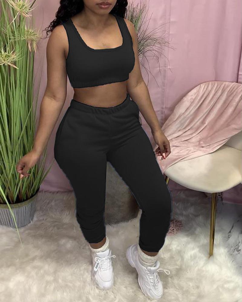 

Crop Tank Top & Pocket Detail Pants Set, Black