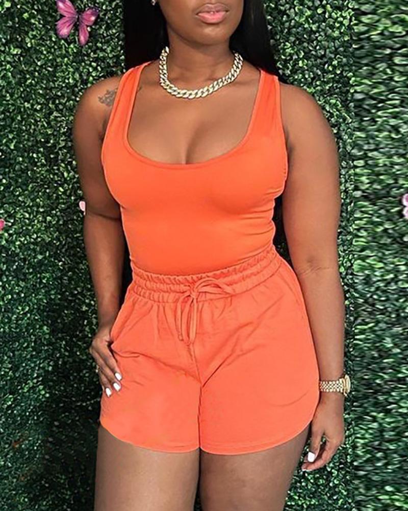 

U Neck Tank Top & Casual Drawstring Shorts Set, Orange