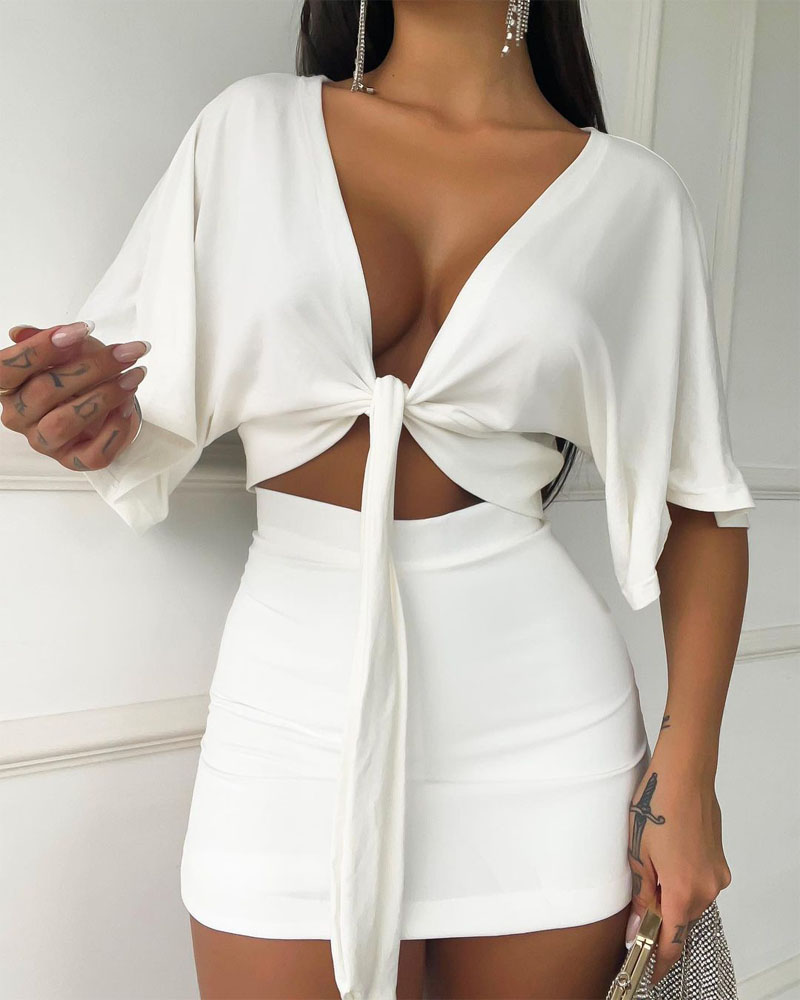 

Tied Detail Crop Top & Skirt Set, White