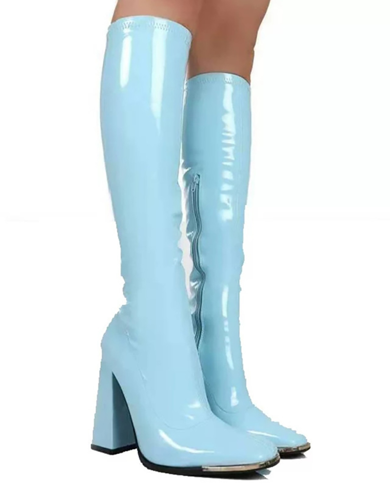 

PU Leather Over The Knee Chunky Boots, Blue