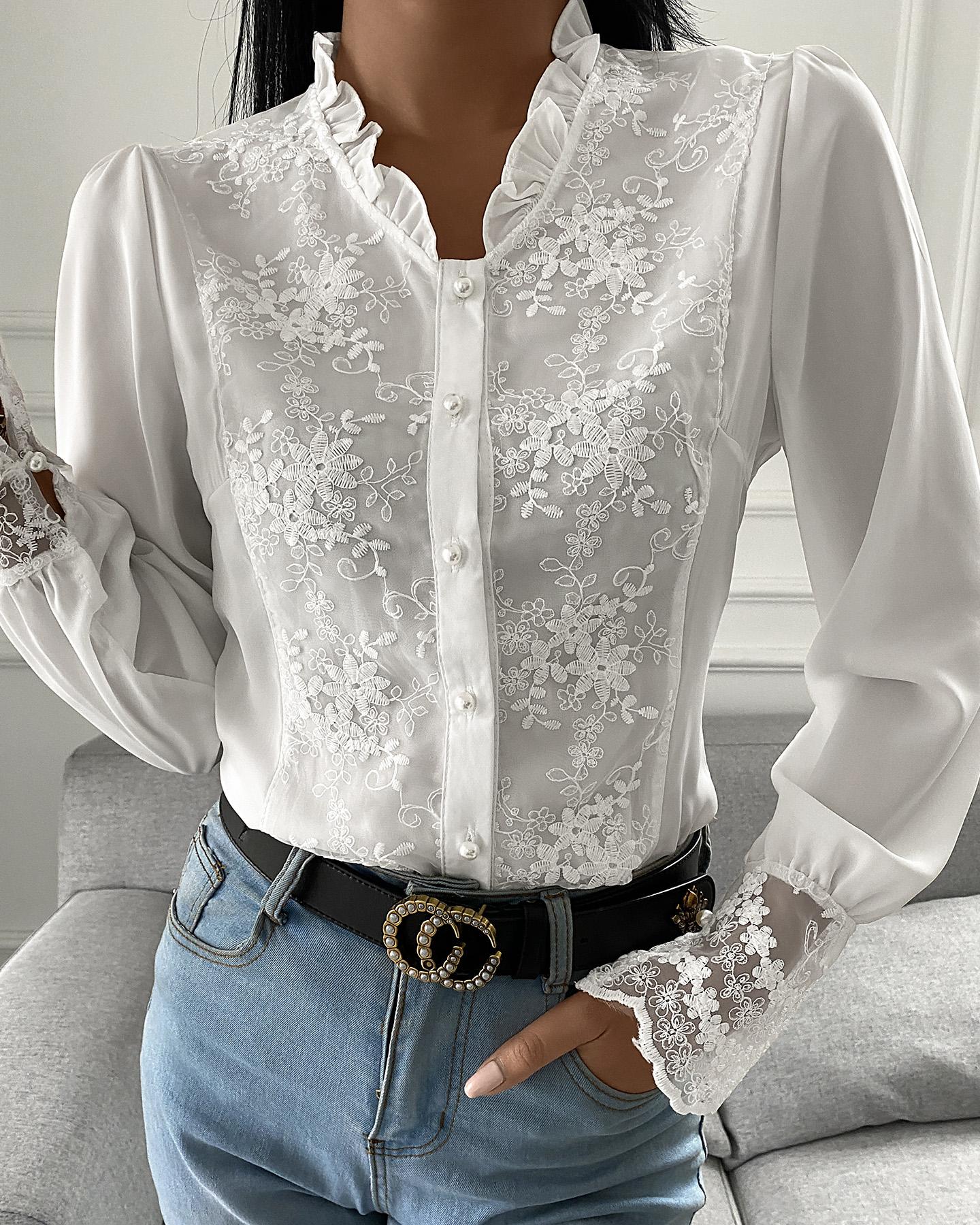 

Crochet Lace Bell Sleeve Frill Hem Top, White