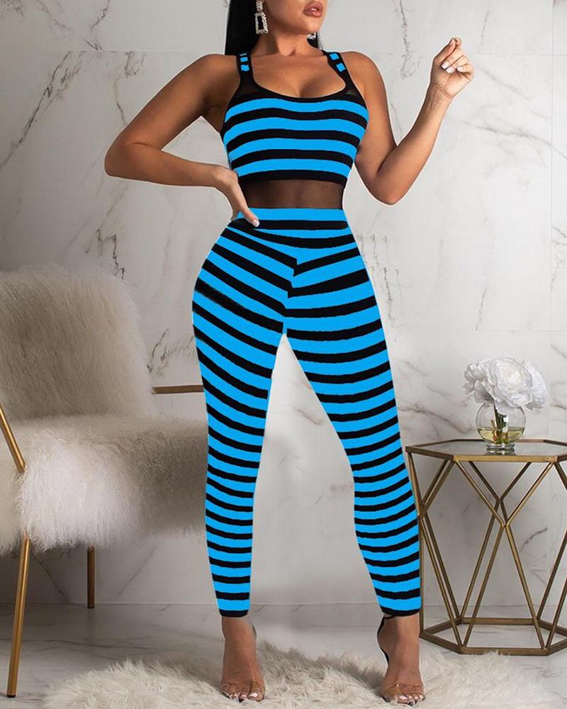 

Striped Mesh Insert Jumpsuit, Blue