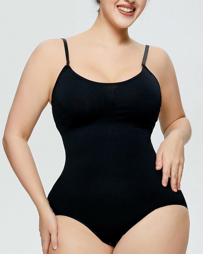 

Spaghetti Strap Butt Lifting Tummy Control Seamless Crotchless Shapewear Bodysuit, Black