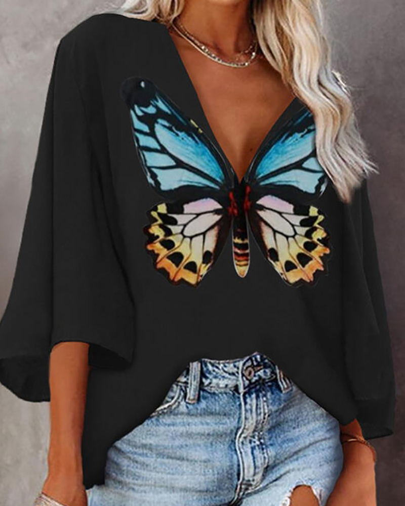 

V-Neck Butterfly Print Bell Sleeve Top, Black