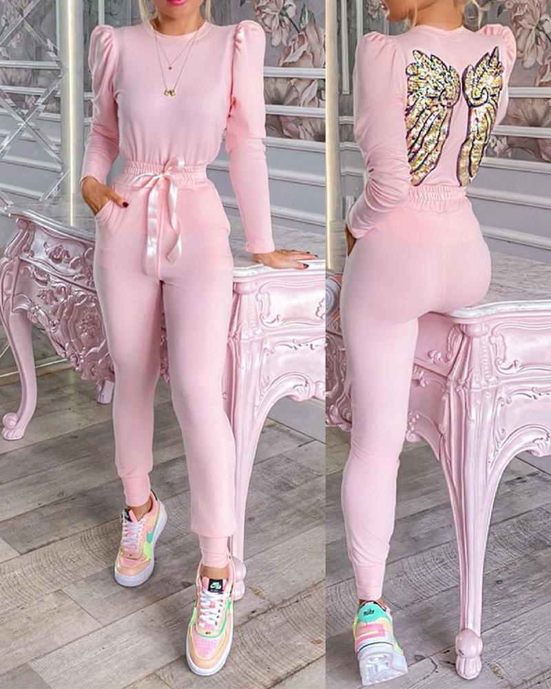 

Wings Pattern Sequins Puff Sleeve Top & Drawstring Pants Set, Pink