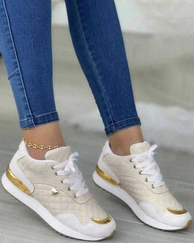 

Valentine's Day Heart Pattern Quilted Lace-up Sneakers, Beige