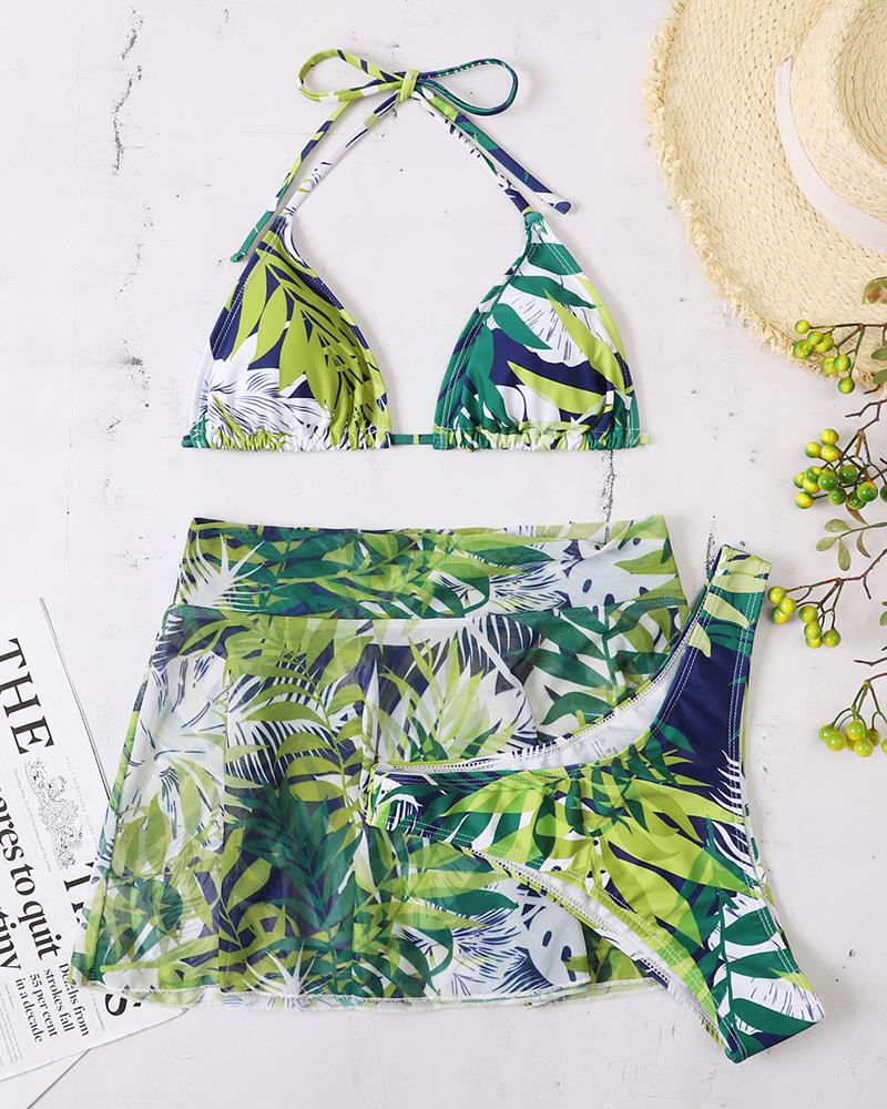 

3PCS Halter Tropical Print Bikini Set With Cover Up, Green