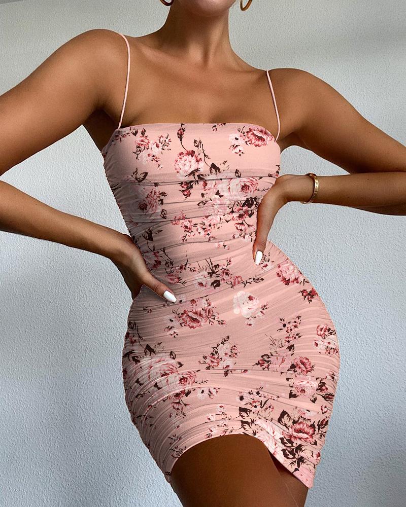 

Floral Print Sheer Mesh Ruched Cami Bodycon Dress, Pink
