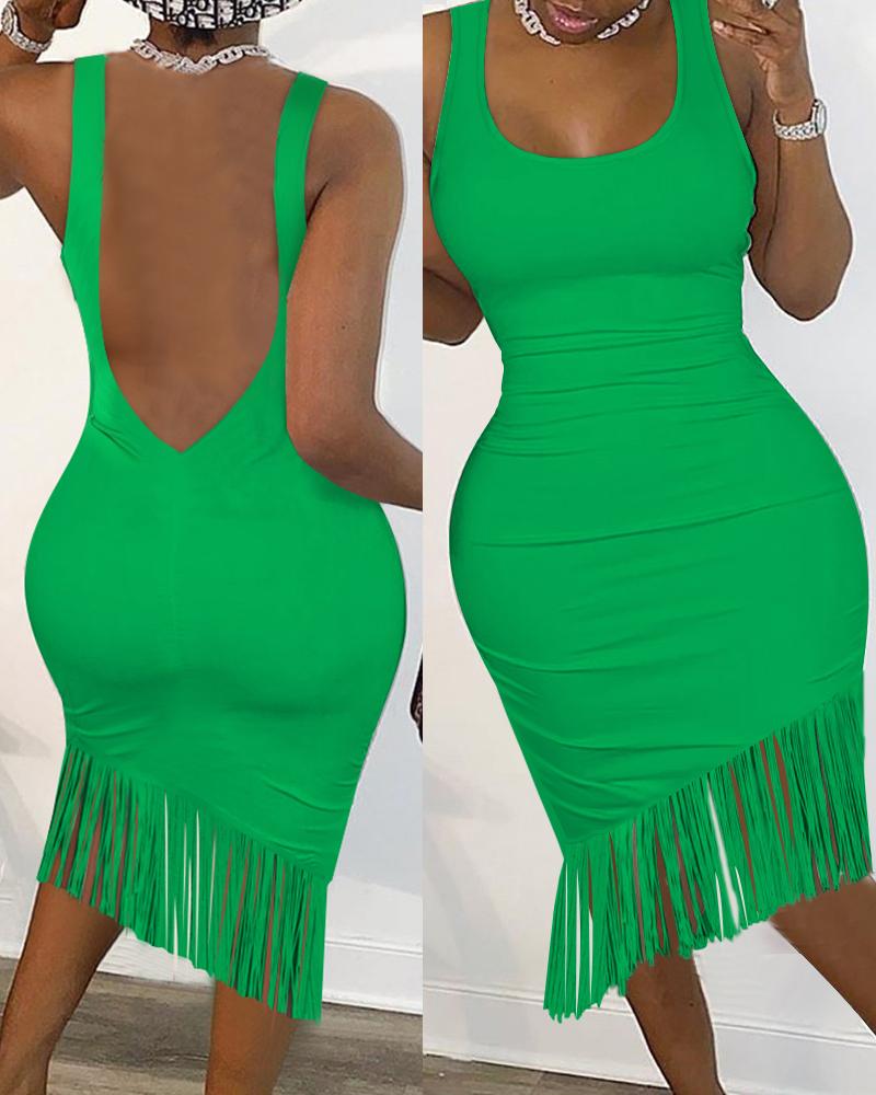 

Backless Sleeveless Tassel Design Bodycon Dress, Green