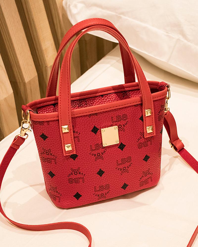 

Letter Geometric Print Satchel Bucket Bag, Red