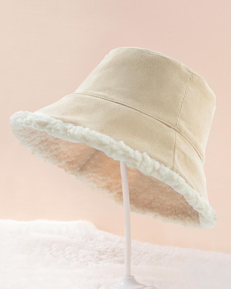 

Fleece Lined Reversible Style Fuzzy Detail Bucket Winter Hat, White