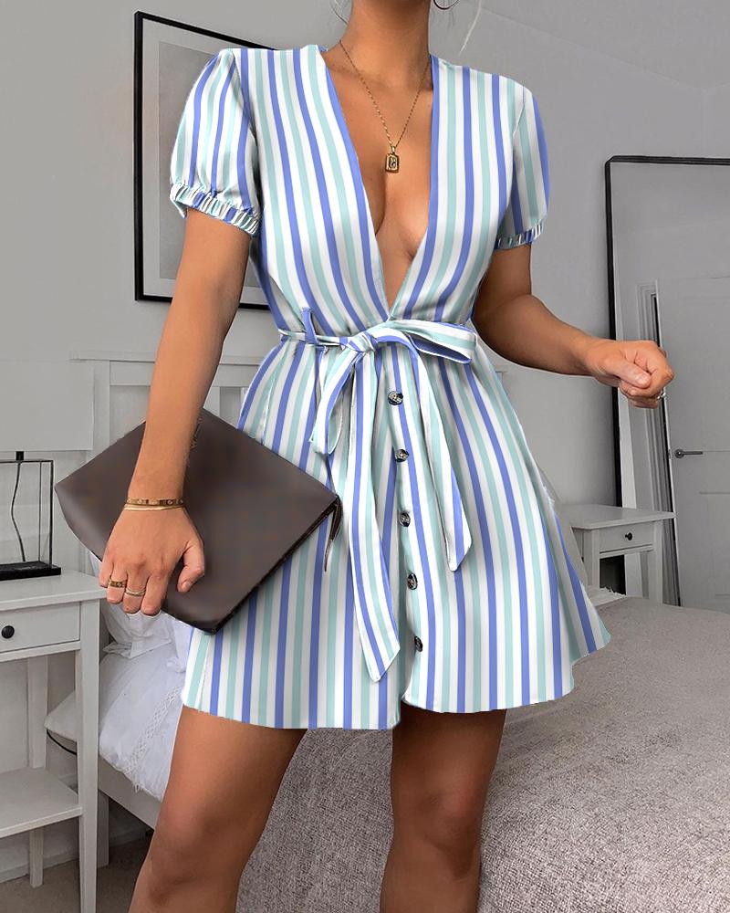 

Striped Print Deep V Tie Front Dress, Purple