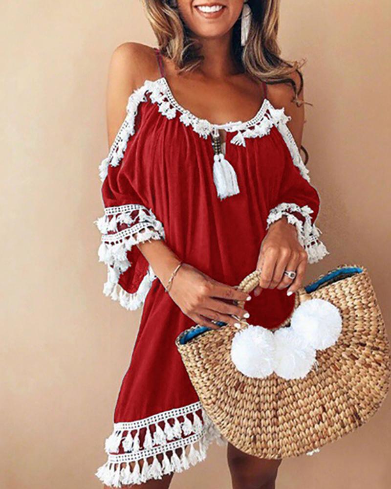 

Tassel Design Cold Shoulder Casual Dress, Red