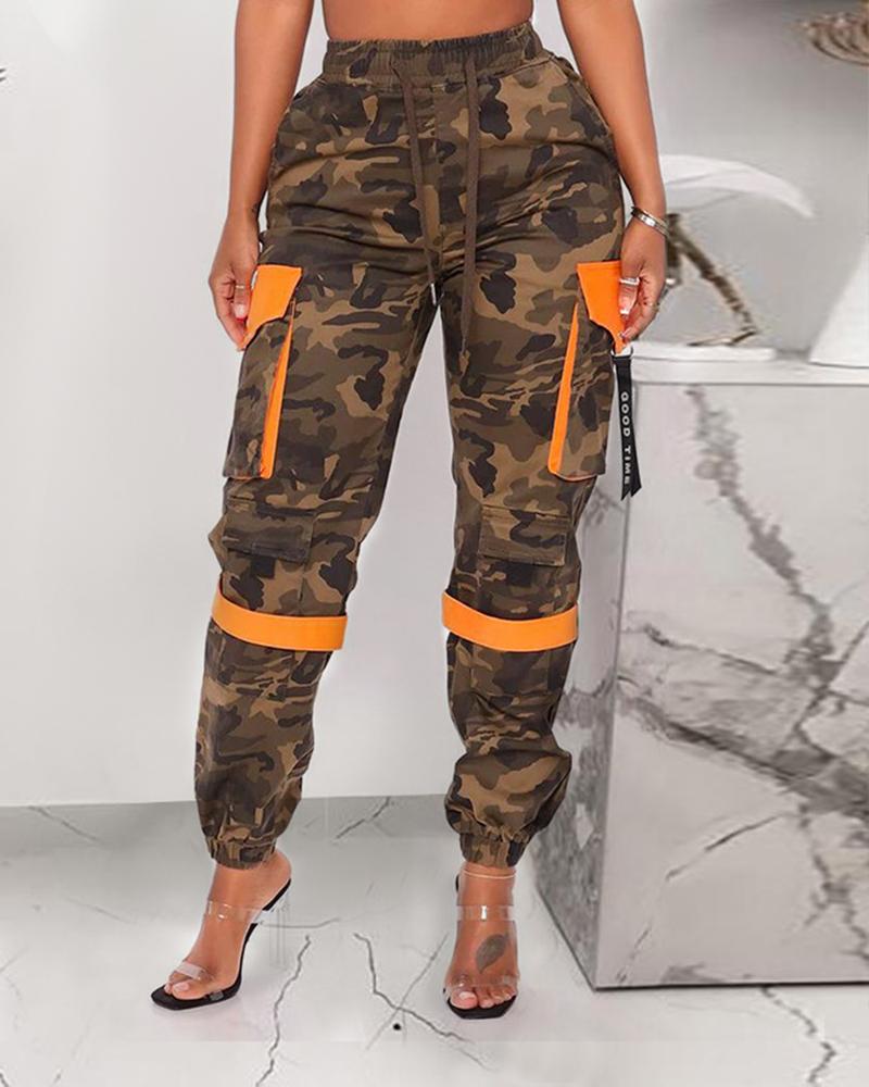 

Camouflage Colorblock Pocket Design Cargo Pants, Orange