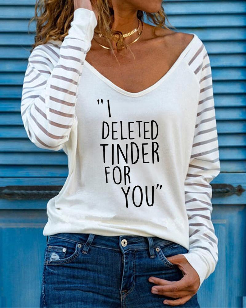 

Letter Print Contrast Mesh Long Sleeve Top, White