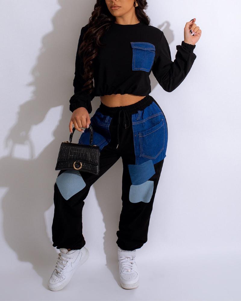 

Contrast Denim Long Sleeve Casual Top & Pants Set, Black