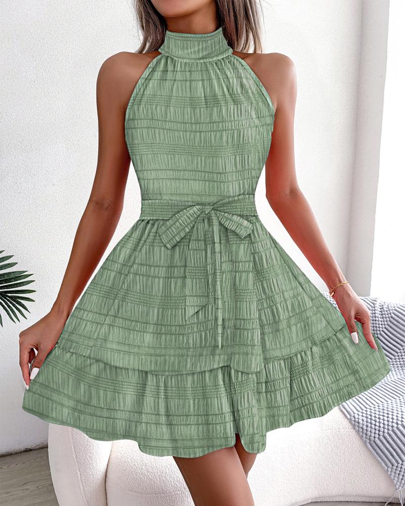 

Sleeveless Tied Detail Ruffle Hem Textured Casual Dress, Green