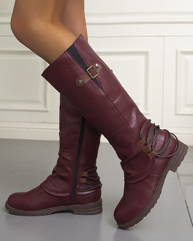 

Buckled Round Toe Side Zipper Boots, Wine red