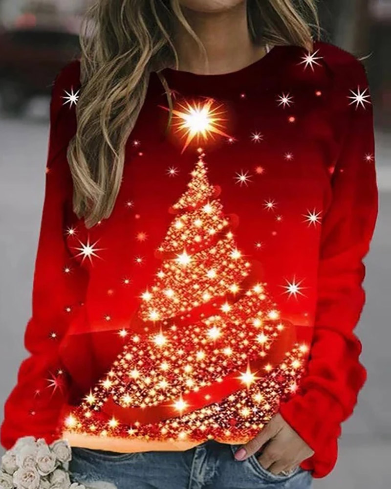 

Christmas Tree Print Long Sleeve Sweatshirt, Style2