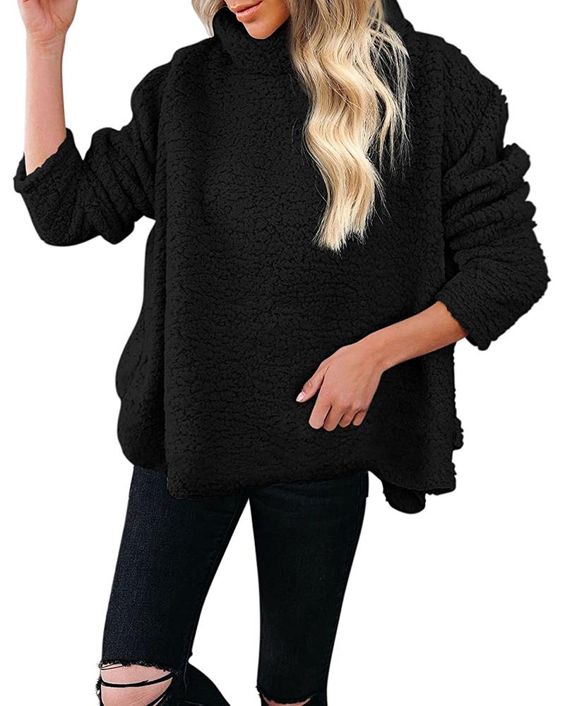 

Long Sleeve High Neck Fleece Fuzzy Coat, Black