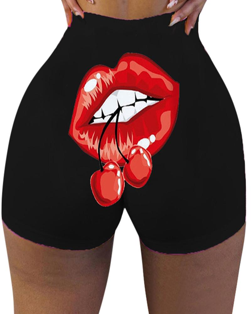 

Lip Heart Print High Waist Butt Lifting Yoga Shorts, Style4