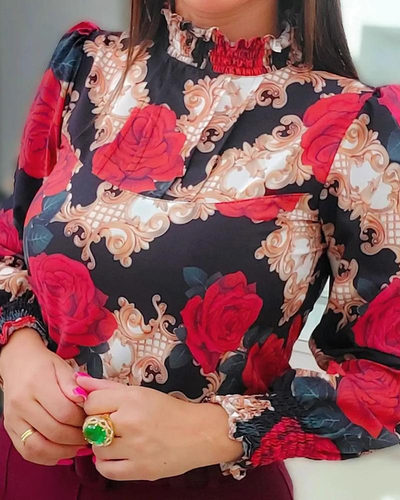 

Floral Baroque Print Frill Hem Shirred Top, Red