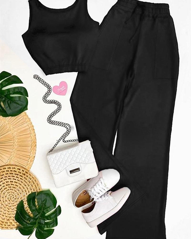 

Crop Tank Top & Wide Leg Pants Set, Black