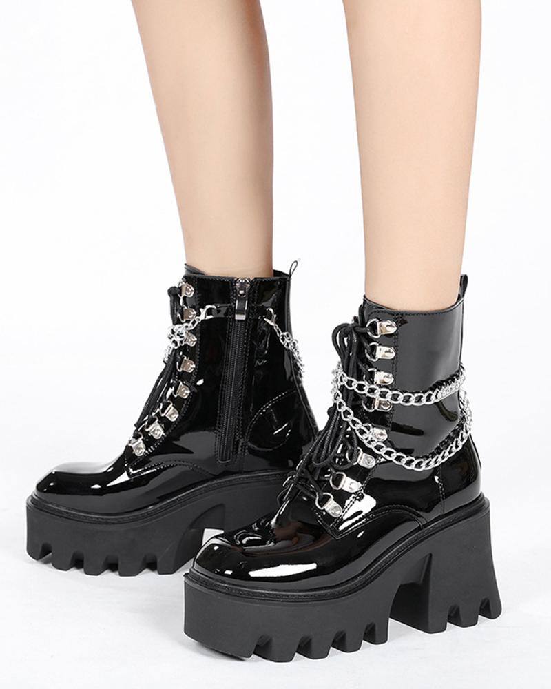 

Womens Shiny Finish Chain Decor Square Toe Lace Up Heels Motorcycle Boots, Black