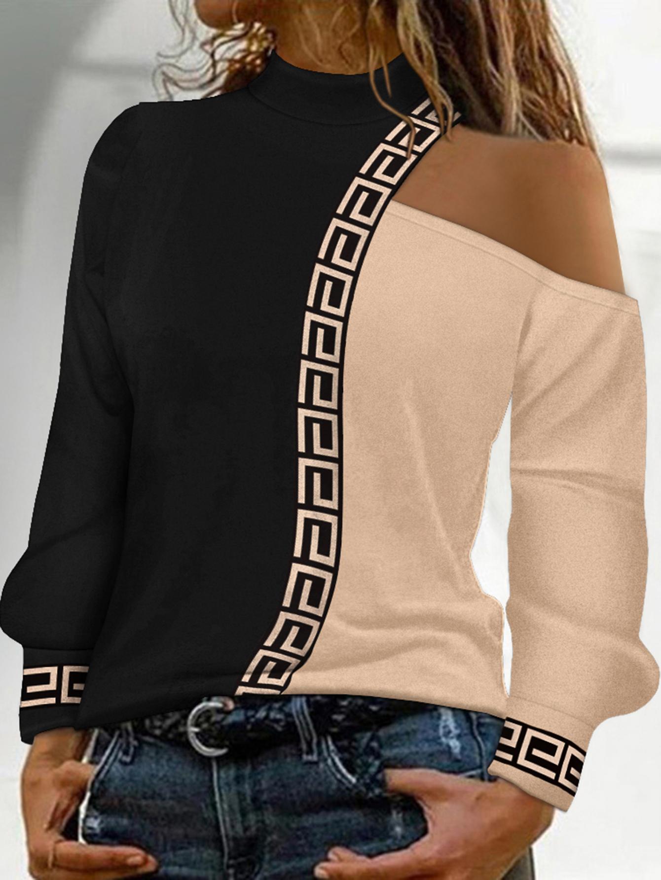 

Geo Trim Colorblock Cold Shoulder Top, Brown