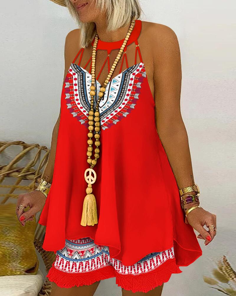 

Tribal Print Hollow Out Flowy Top & Shorts Set, Red