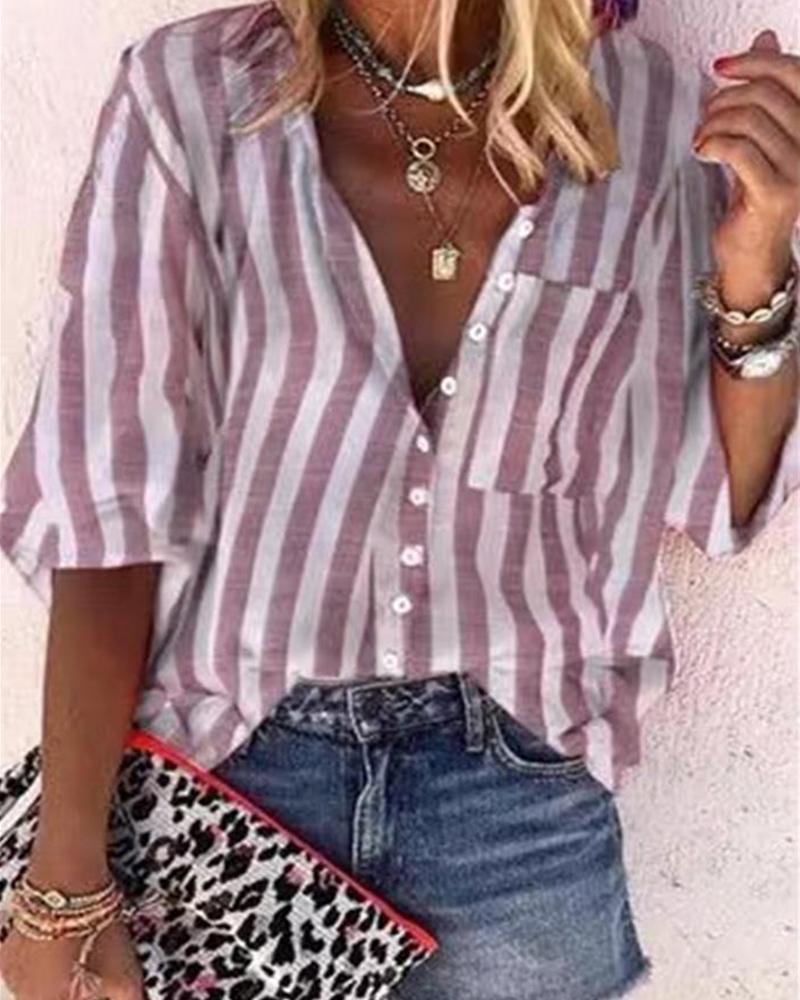 

Button Design Striped Half Sleeve Top, Pink