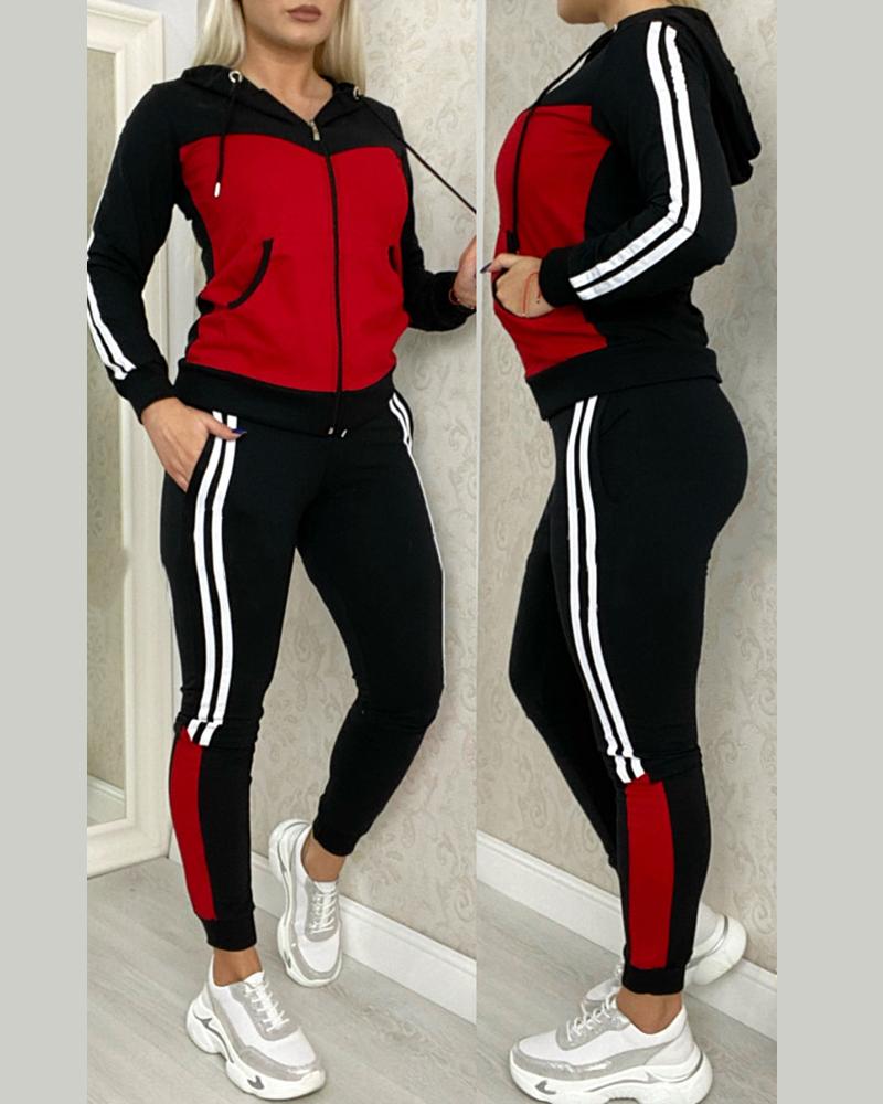 

Striped Colorblock Hooded Coat & Pants Set, Red