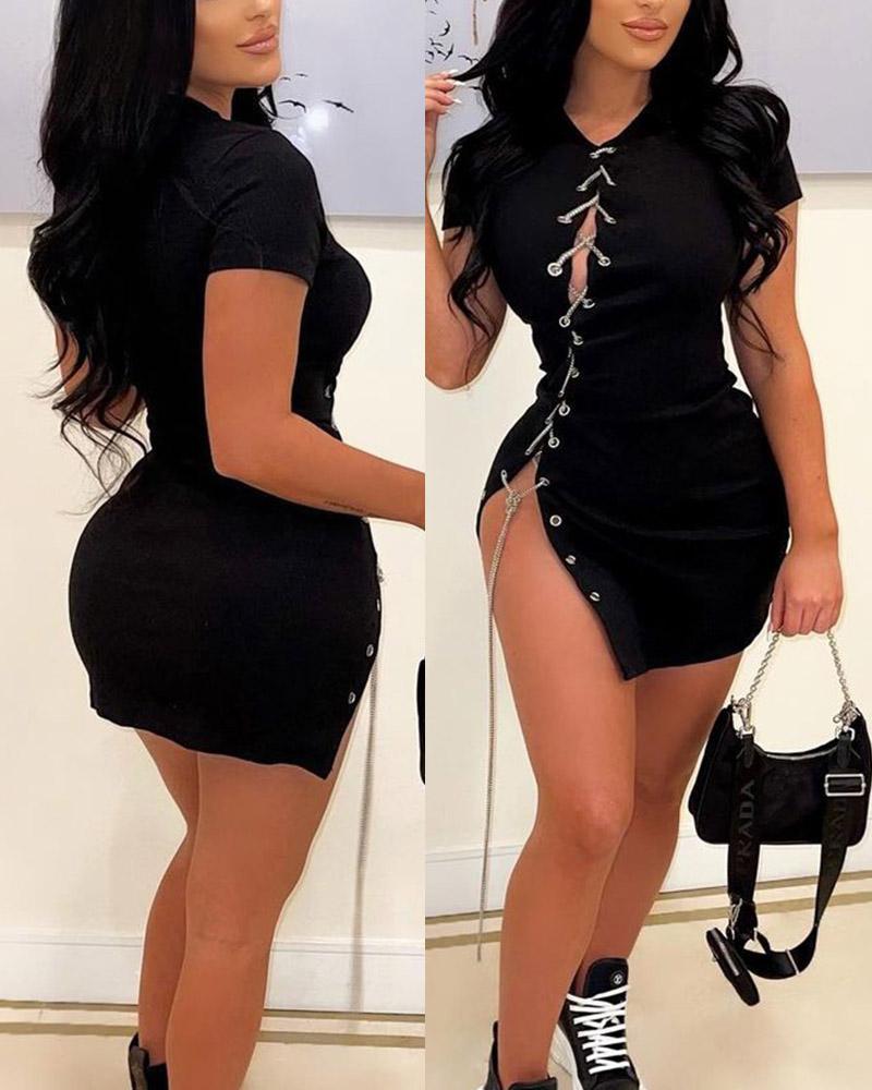 

Grommet Eyelet Lace-Up Bodycon Dress, Black