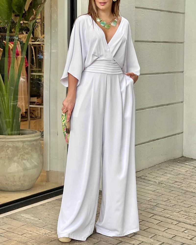 

V-Neck Wide Leg Tied Detail Jumpsuit, White