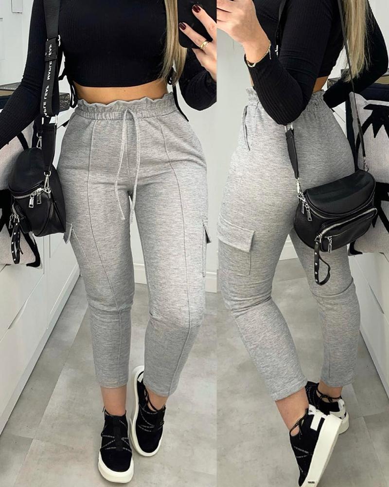 

High Waist Frill Hem Pocket Design Casual Pants, Gray