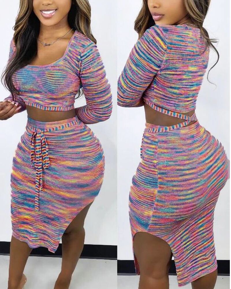 

Colorblock Crop Knit Top & Split Hem Skirt Set, Multicolor