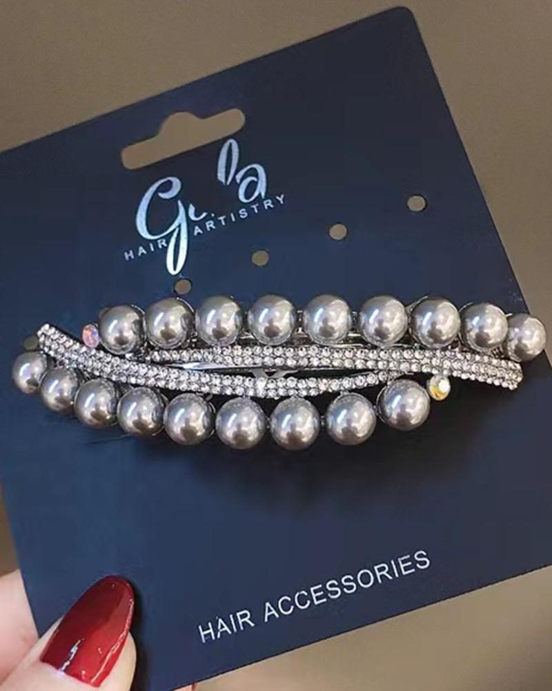 

1pc Rhinestone Pearls Beaded Fashionable Hair Clip, Gray