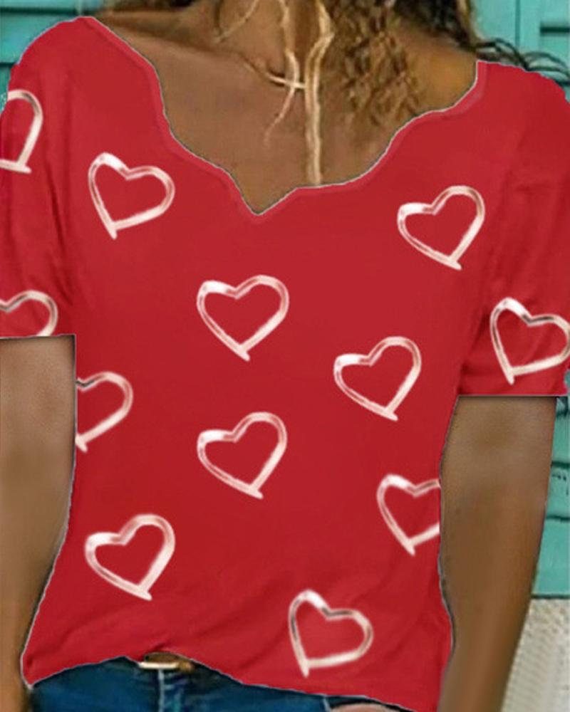 

Valentine's Day Heart Print Casual T-shirt, Red