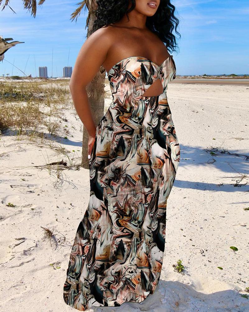 

Plus Size Marble Print Bandeau Twisted Maxi Dress, Beige