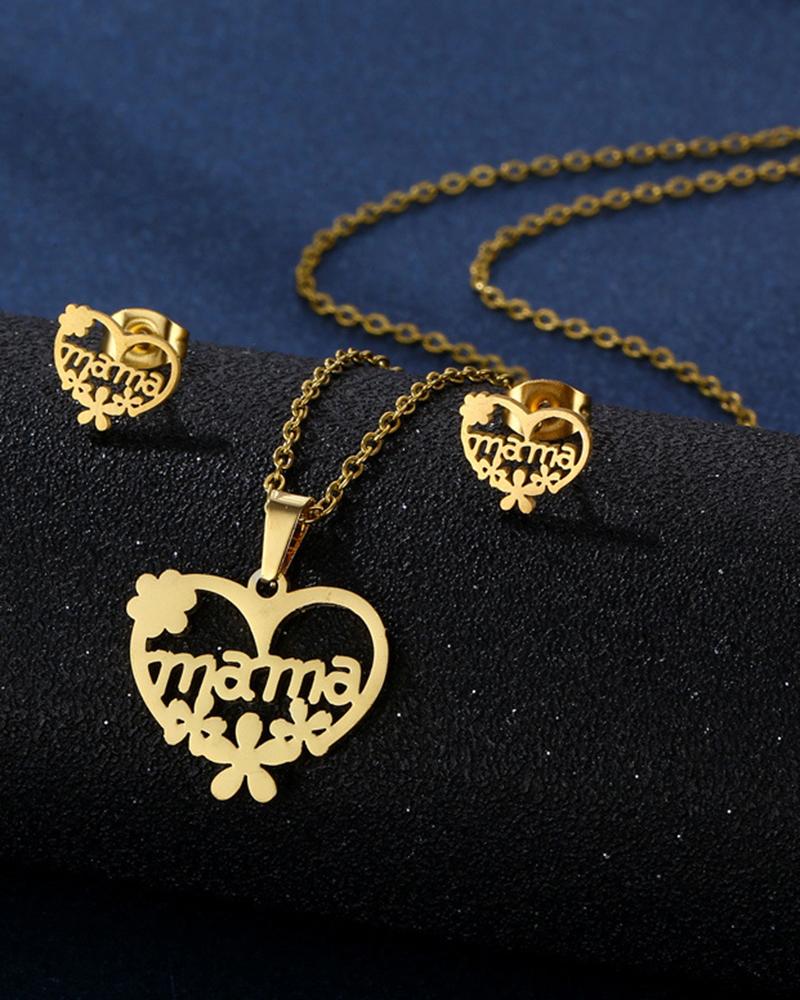 

2pcs Mother's Day Gift Hollow Out Heart Flower Letter Mama Pendant Necklace & Earrings Jewelry Set, Gold
