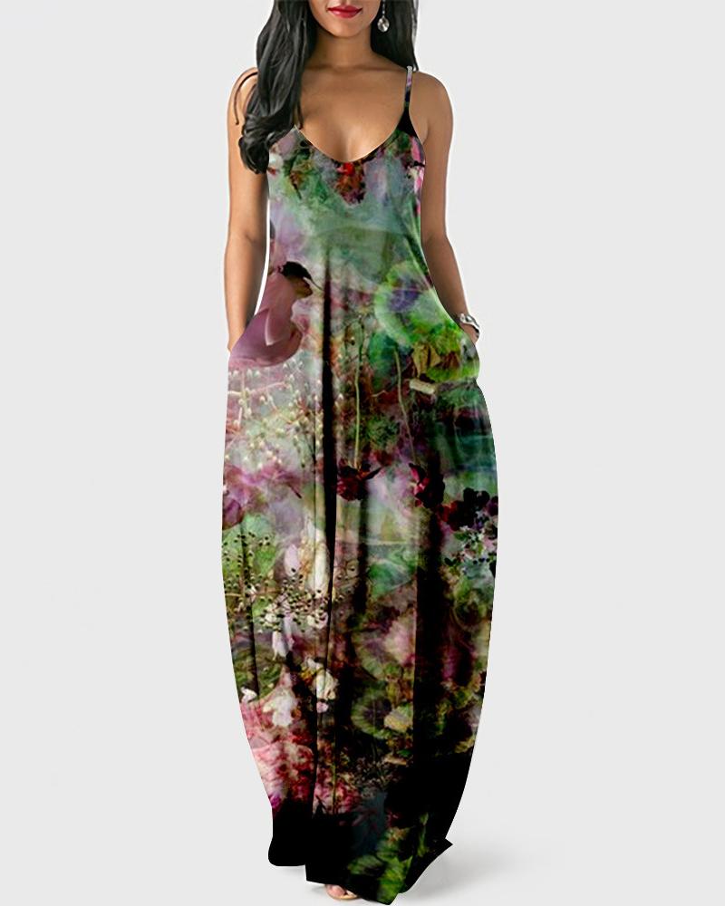 

Plus Size Floral Print Spaghetti Strap Maxi Dress, Purple