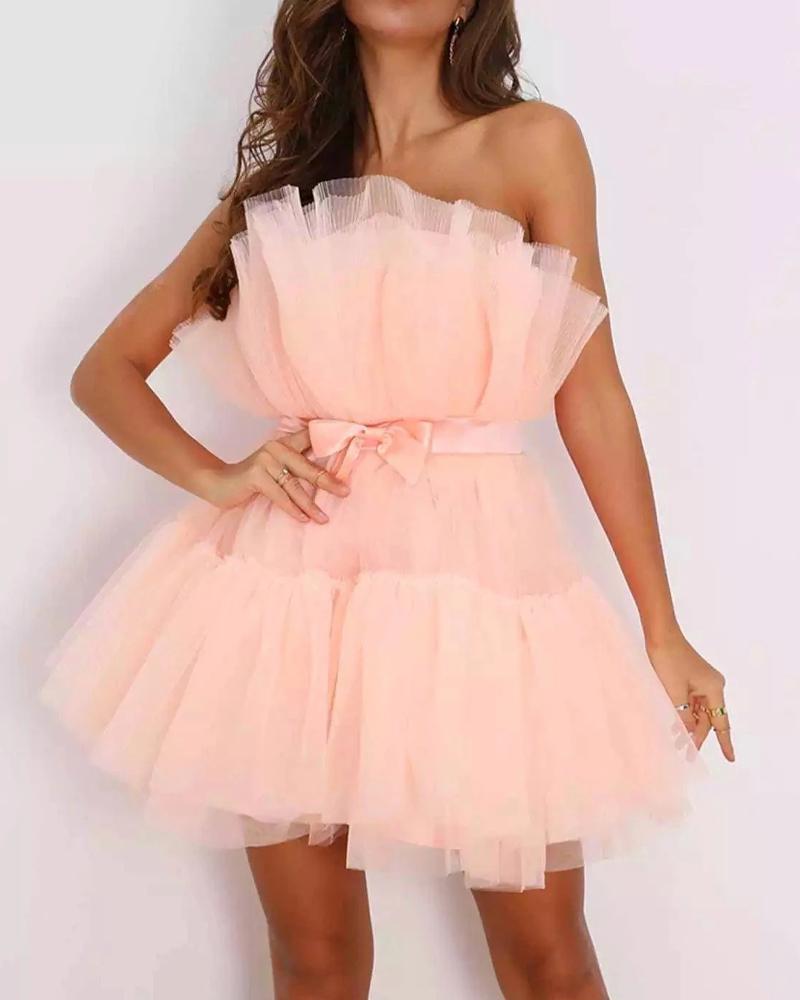 

Bowknot Bandeau Sheer Mesh Party Dress, Pink