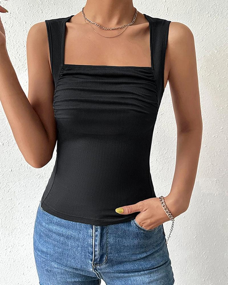 

Thick Strap Ruched Tank Top, Black