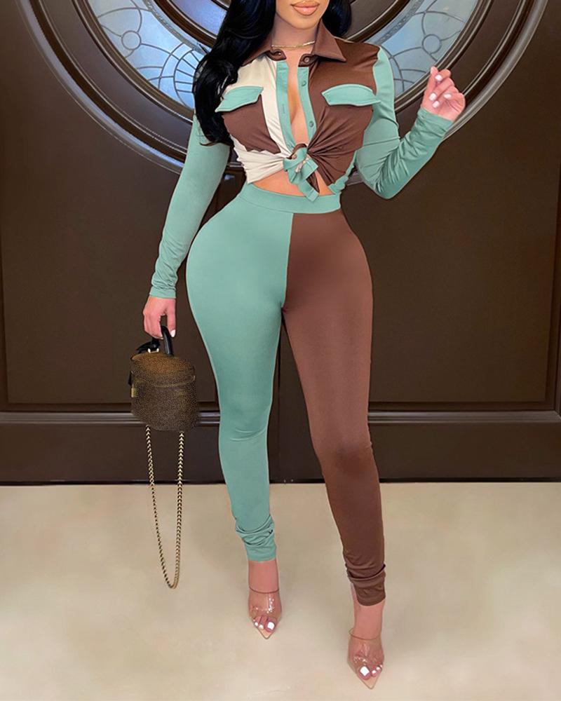 

Colorblock Pocket Design Shirt & High Waist Pants Set, Green