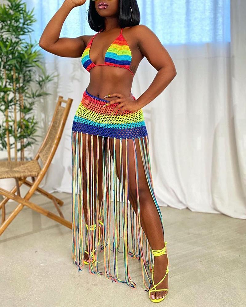 

Rainbow Colorblock Halter Hollow Out Tassel Design Beach Cover Set, Multicolor