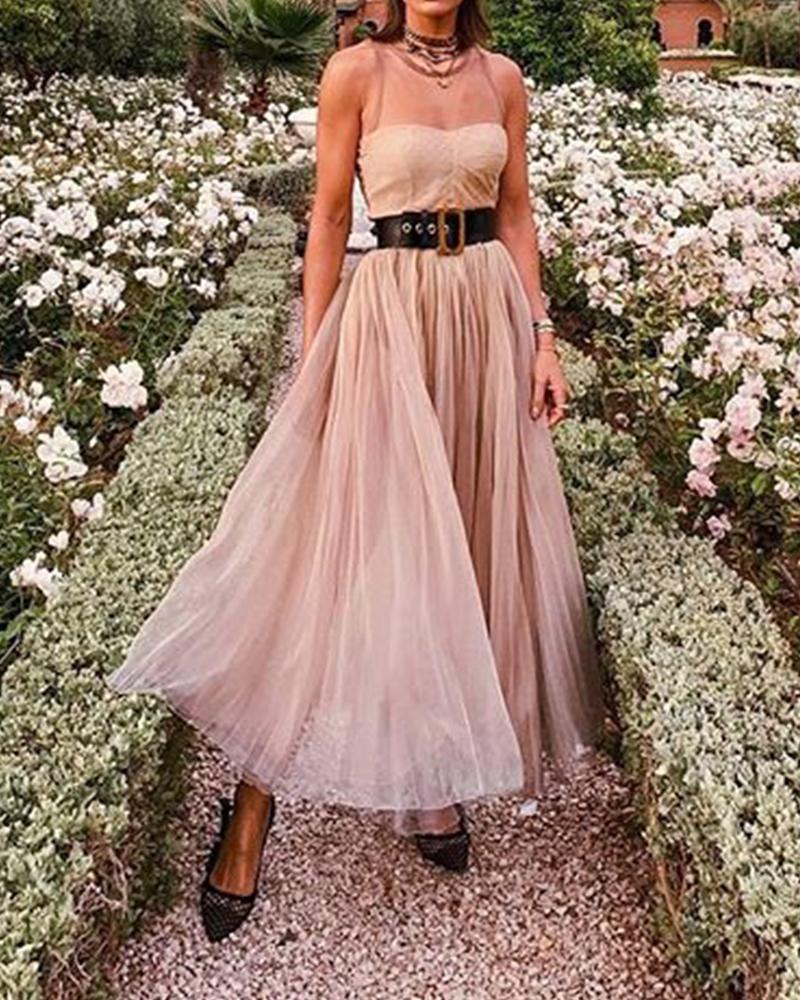 

Solid Sleeveless Skinny Waist A-line Mesh A-line Dress, Apricot