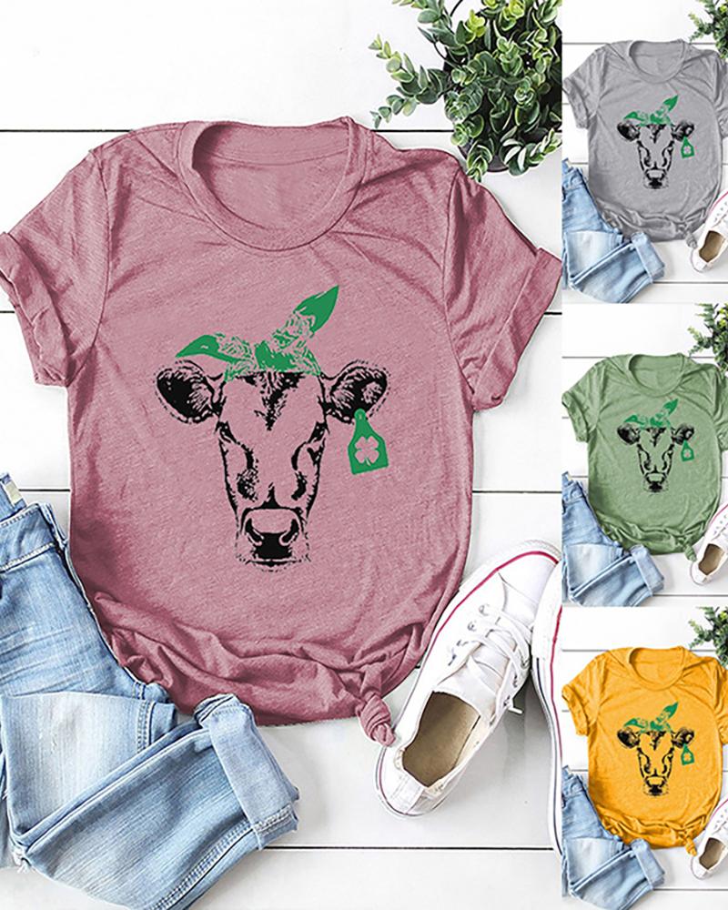 

St.Patrick' Day Clover Animal Print T-Shirt, Pink