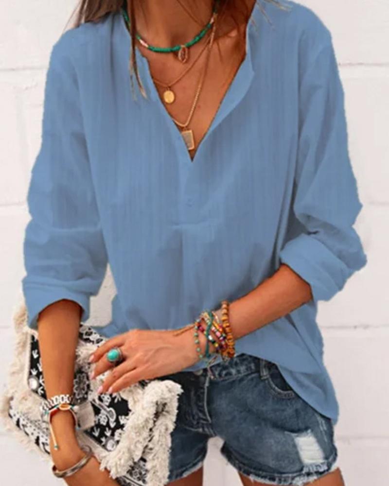 

Solid Color Striped Long Sleeve Shirt, Blue